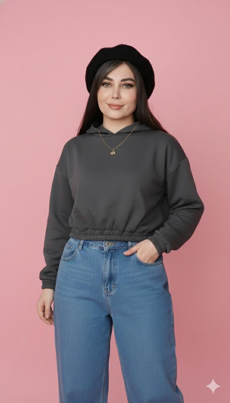 هودی کراپ کلاهدار طوسی دخترانه خوش کُپ